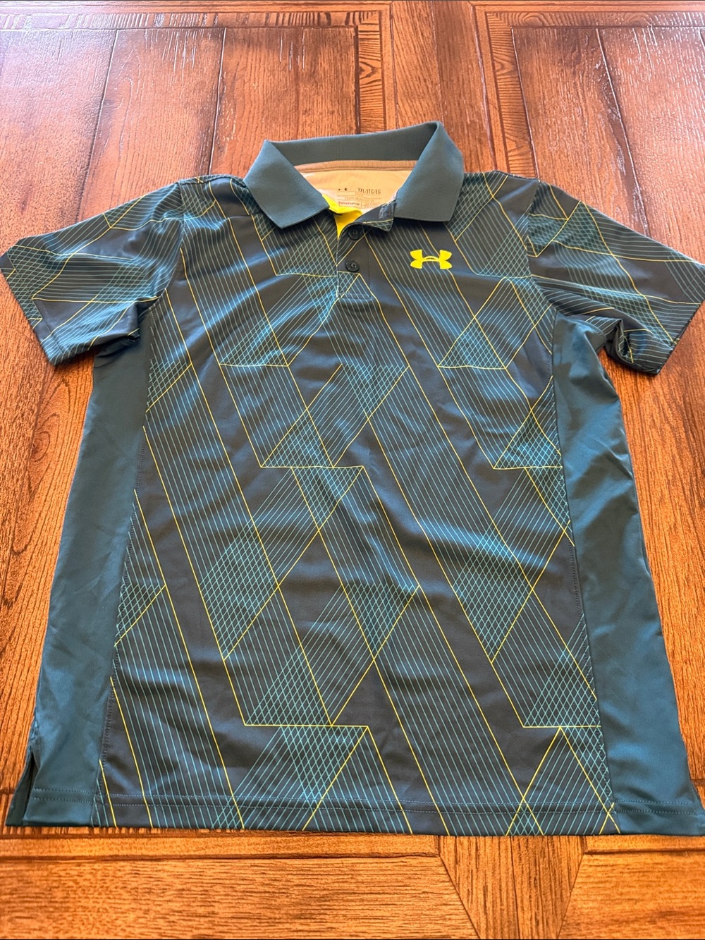 Under Armour Boys Black Polo with Yellow Logo and Teal Geometric Lines